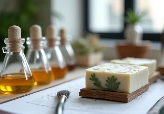 Mesa de trabajo artesanal con ingredientes cosméticos